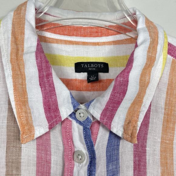 TALBOTS 100% Linen Boyfriend Shirt Petite Size LP Colorful Rockport Stripe - Picture 6 of 10